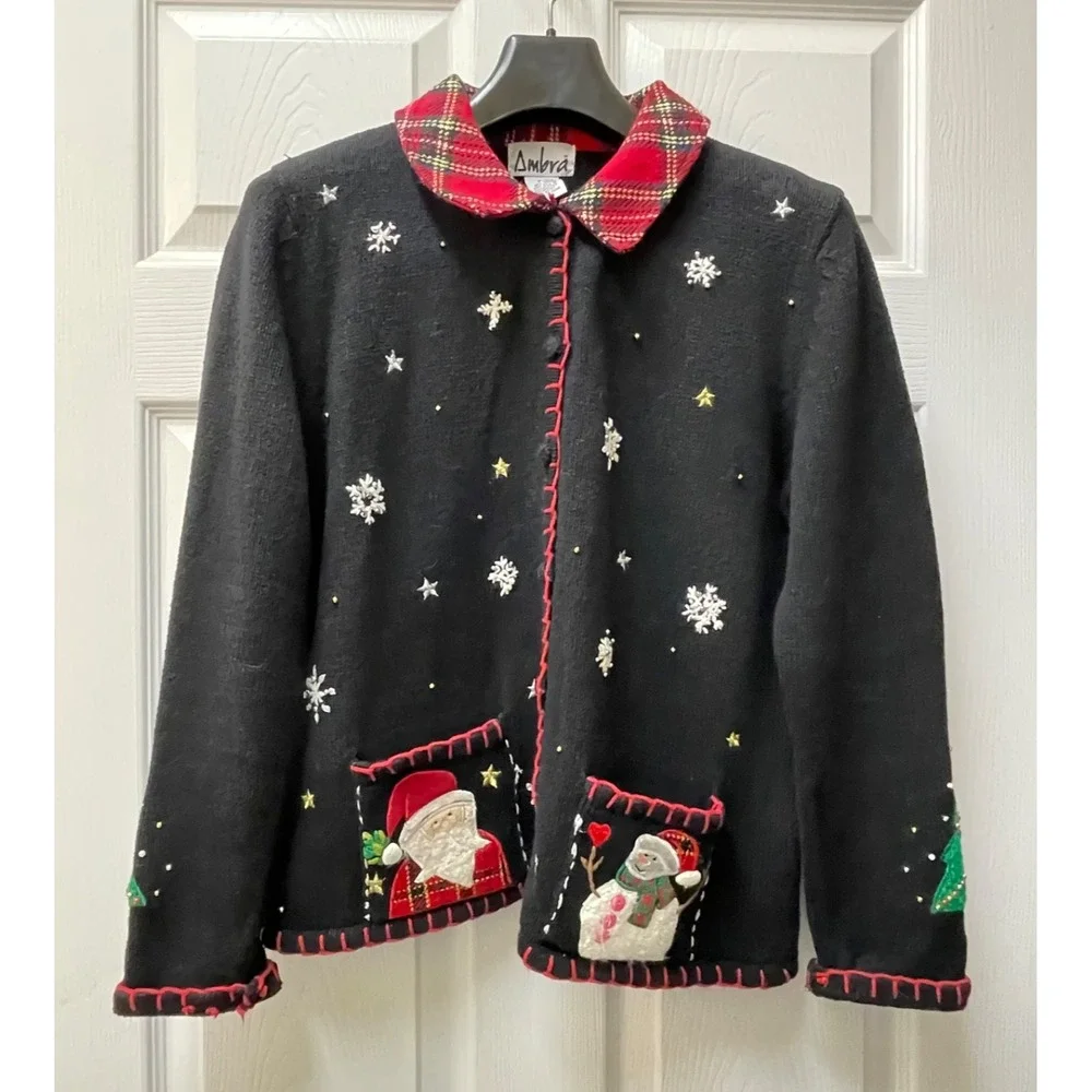 Vintage Ambria Women's Petite Med Cardigan Black Christmas Ugly‎ Sweater Beaded